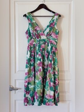 Allen B. By Allen Schwartz Green, Pink & White Tie-Dye V-Neck Cotton Midi Dress